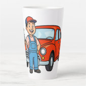 かわいい漫画の整備士と赤い車のイラスト カフェラテマグ (正面)