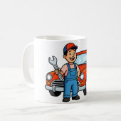 かわいい漫画の整備士と赤い車のイラスト コーヒーマグカップ (正面左)