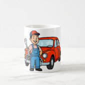 かわいい漫画の整備士と赤い車のイラスト コーヒーマグカップ (中央)