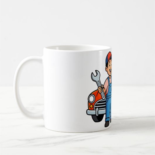 かわいい漫画の整備士と赤い車のイラスト コーヒーマグカップ (左)