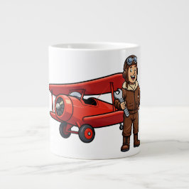 かわいい漫画の整備士と赤い車のイラスト ジャンボコーヒーマグカップ