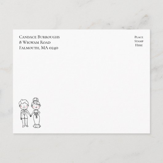 かわいい漫画の新婦結婚の婚約パーティ インビテーションポストカード (裏面)