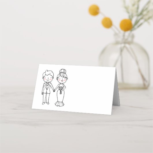 かわいい漫画の新郎新婦白黒結婚披露宴 プレイスカード (正面)