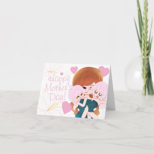 かわいい漫画の母親と双子の子供のカードです。 シーズンカード (正面)