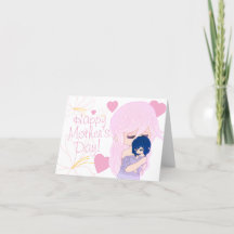 かわいい漫画の母親と赤ちゃんの女の子のカードです。