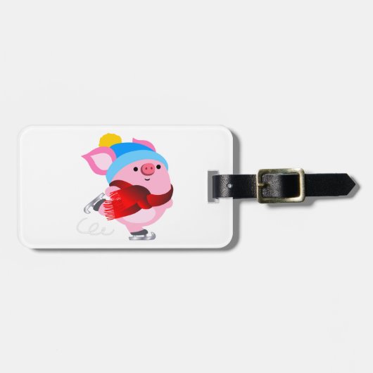 かわいい漫画の氷のスケートで滑る豚の荷物タグ ラゲッジタグ (正面横)