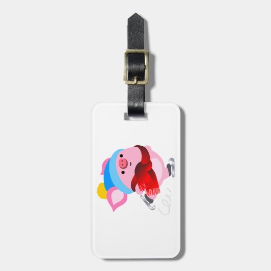 かわいい漫画の氷のスケートで滑る豚の荷物タグ ラゲッジタグ (正面縦)