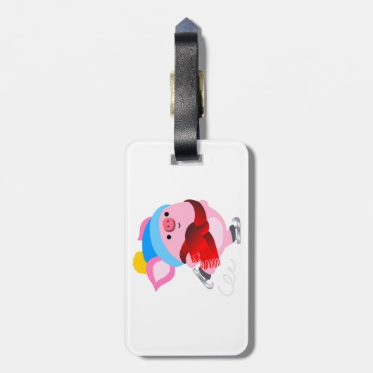 かわいい漫画の氷のスケートで滑る豚の荷物タグ ラゲッジタグ (裏面縦)