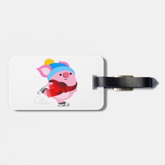 かわいい漫画の氷のスケートで滑る豚の荷物タグ ラゲッジタグ (裏面横)
