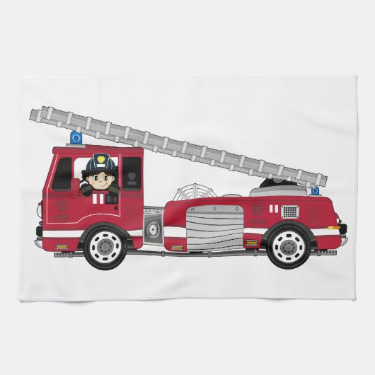かわいい漫画の消防士および消防車 キッチンタオル (横)
