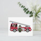 かわいい漫画の消防士と消防車 ポストカード (スタンド正面)