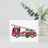 かわいい漫画の消防士と消防車 ポストカード (スタンド正面)