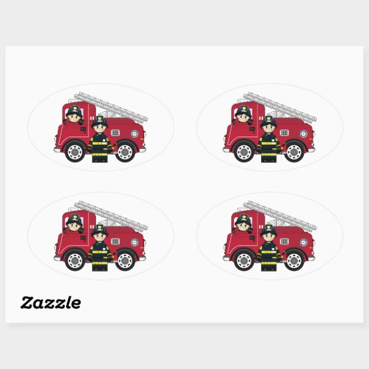 かわいい漫画の消防士 楕円形シール (シート)