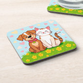 かわいい漫画の犬と猫が一緒に座る コースター (左側)