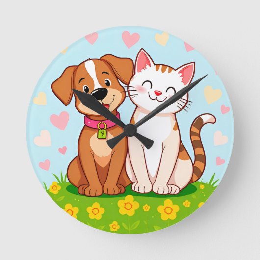 かわいい漫画の犬と猫が一緒に座る ラウンド壁時計 (正面)