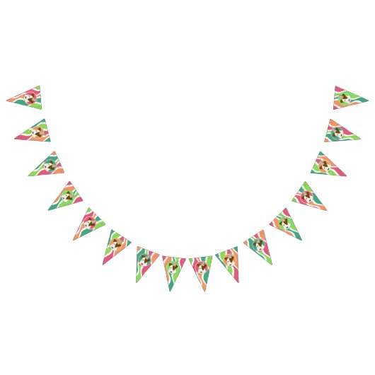 かわいい漫画の犬のパーティーハットの少女の誕生日 バンティングフラッグ (全)