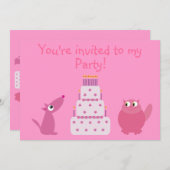 かわいい漫画の犬、猫及びお誕生日ケーキのピンクのパーティー 招待状 (正面/裏面)