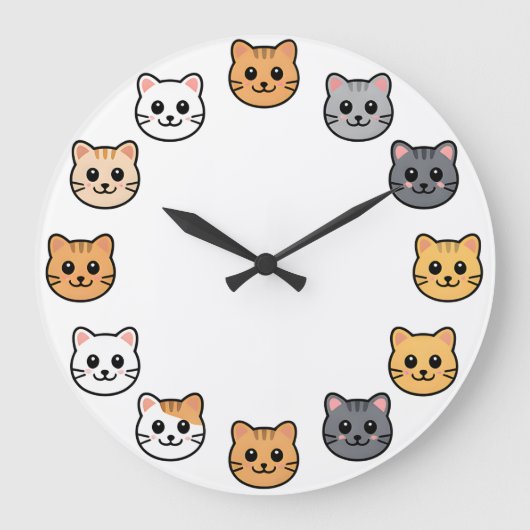 かわいい漫画の猫の顔 キュートなネコの壁時計 ラージ壁時計 (正面)