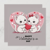 かわいい漫画の猫好きのハート バレンタインデー シーズンカード (正面/裏面)