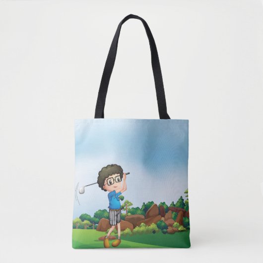 かわいい漫画の男の子ゴルフおもしろいゴルフ恋人デザイン トートバッグ (正面)