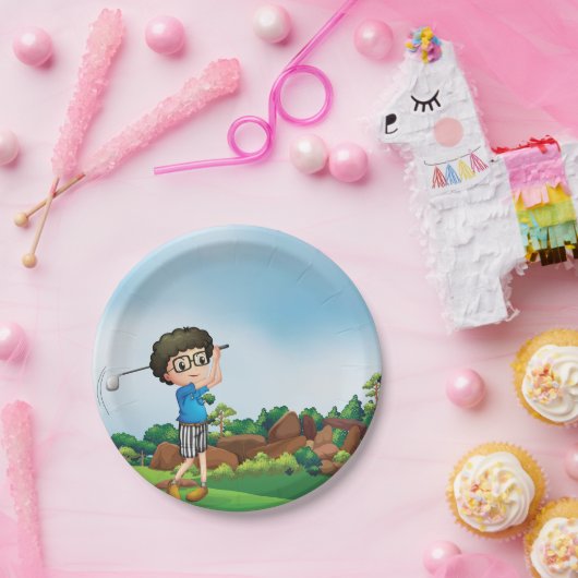 かわいい漫画の男の子ゴルフおもしろいゴルフ恋人デザイン ペーパープレート (パーティー)