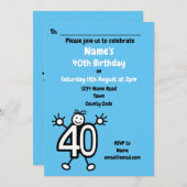 かわいい漫画の男性ブルー40歳の誕生日パーティー 招待状 (正面/裏面)