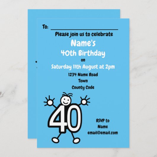 かわいい漫画の男性ブルー40歳の誕生日パーティー 招待状 (正面/裏面)