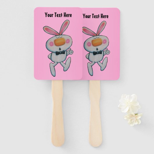 かわいい漫画の白いバニーの親指をサインピンク ハンドファン (正面&裏面)