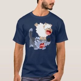 かわいい漫画の羊がオオカミと綱引きするTシャツ Tシャツ