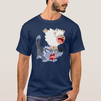 かわいい漫画の羊がオオカミと綱引きするTシャツ Tシャツ