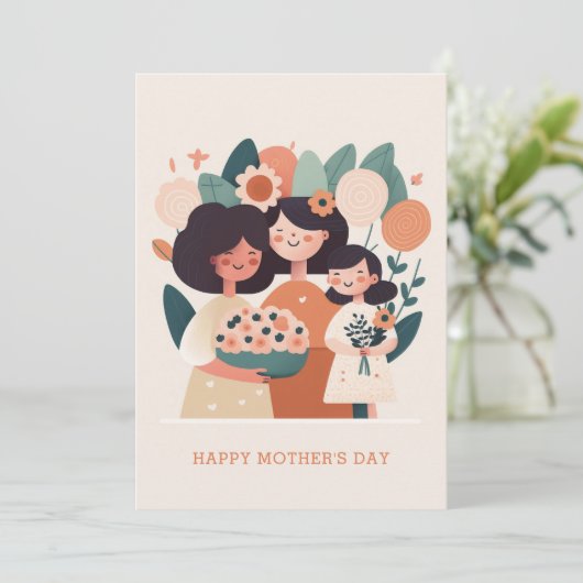 かわいい漫画の花のママと女の子。母の日 シーズンカード (スタンド正面)