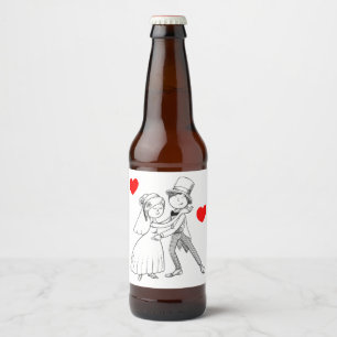 かわいい漫画の花嫁と新郎 赤 黒 結婚式 結婚しました ビールラベル