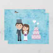 かわいい漫画の花嫁、新郎とケーキの日付を保存 案内ポストカード (正面/裏面)