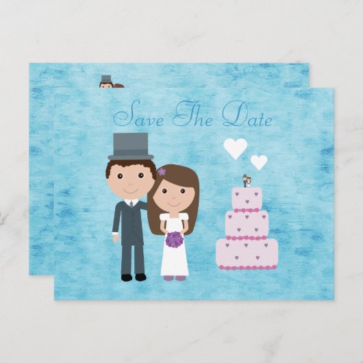 かわいい漫画の花嫁、新郎とケーキの日付を保存 案内ポストカード (正面/裏面)