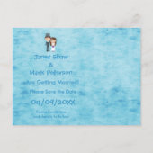 かわいい漫画の花嫁、新郎とケーキの日付を保存 案内ポストカード (裏面)