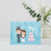 かわいい漫画の花嫁、新郎とケーキの日付を保存 案内ポストカード (スタンド正面)