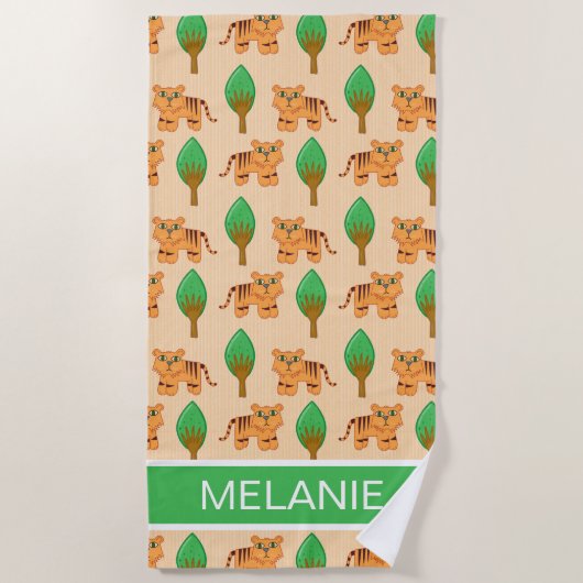 かわいい漫画の虎パタパーソナライズされたーン ビーチタオル (正面)
