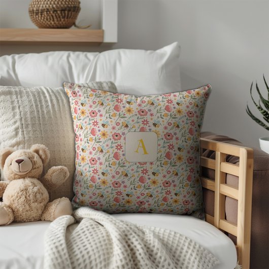 かわいい漫画の蜂 花 青い模様のイニシャル クッション