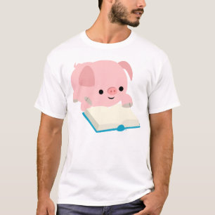 かわいい漫画の読書コブタの子供のTシャツ Tシャツ