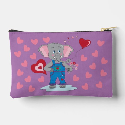 かわいい漫画の象とハートキッドパープルポーチ アクセサリーポーチ (裏面)
