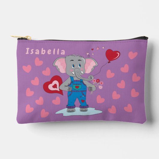 かわいい漫画の象とハートキッドパープルポーチ アクセサリーポーチ (正面)