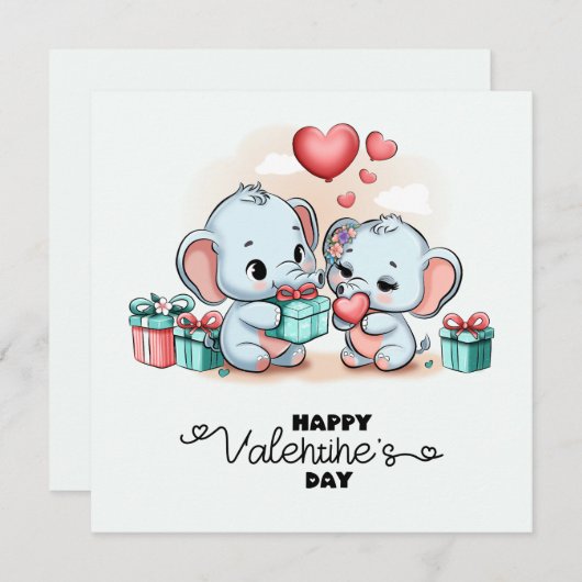 かわいい漫画の象の恋人ハートバレンタインデー シーズンカード (正面/裏面)