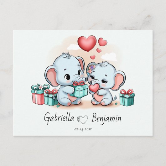 かわいい漫画の象の恋人ハートバレンタインデー ポストカード (正面)