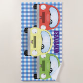 かわいい漫画の車の青いチェックの背景 ビーチタオル (正面)