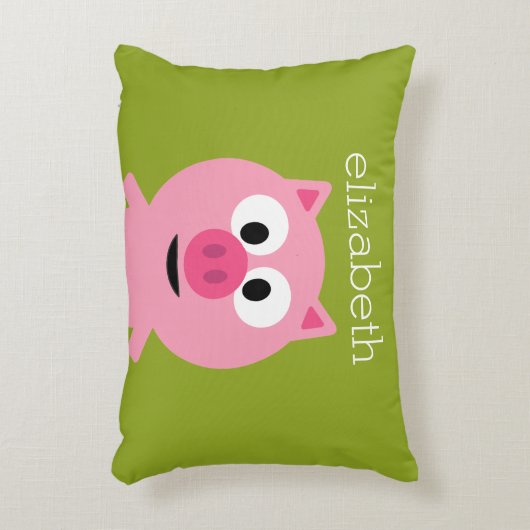 かわいい漫画の農場の豚 - ピンクとライムグリーン アクセントクッション (正面(垂直))