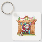 かわいい漫画の陽気なサンタクロースが煙突から降りてくる キーホルダー (正面)