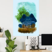 かわいい漫画の隠れたふわふわブルー猫 ポスター (ホームオフィス)