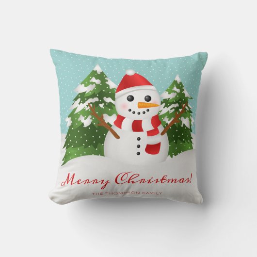 かわいい漫画の雪だるまカスタム家族の名前クリスマス クッション (正面)