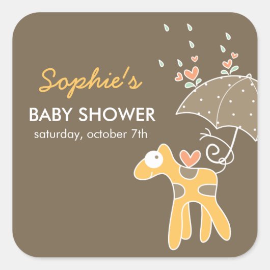 かわいい漫画イエローキリン&傘ベビーシャワー スクエアシール (正面)