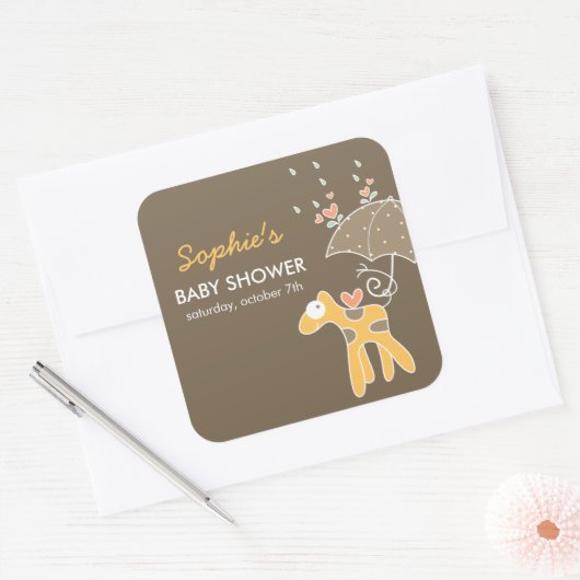 かわいい漫画イエローキリン&傘ベビーシャワー スクエアシール (封筒)